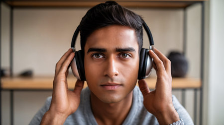 Young South Asian man listening to music with headphones, focused and relaxed in a cozy setting.の素材
