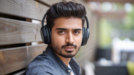 Young South Asian man with dark hair wearing headphones, gazing thoughtfully at the camera.の素材