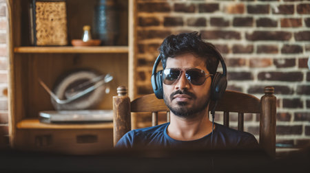 Young South Asian man wearing sunglasses and headphones, focused on a screen in a cozy setting.の素材