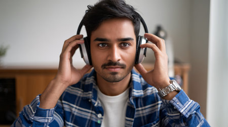 Young South Asian man wearing headphones, engaging with music or audio content indoors.の素材