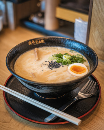 A delicious bowl of ramen topped with green onions, black sesame, and a soft-boiled egg.の素材