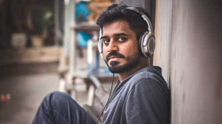 A young South Asian man with headphones enjoys music while sitting quietly outdoors.の素材