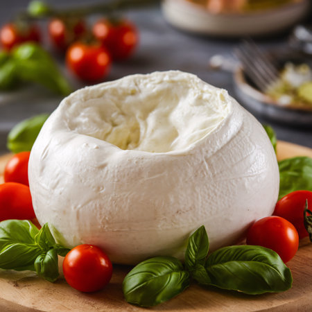 Delicious creamy burrata cheese surrounded by ripe cherry tomatoes and fresh basil leaves.の素材