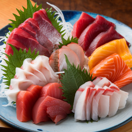 A vibrant plate of assorted sashimi featuring colorful slices of fish and garnished with greens.の素材