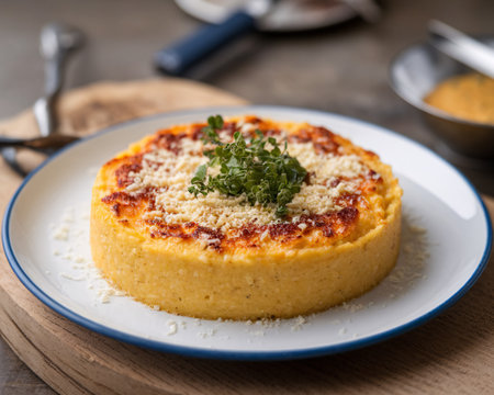 Delicious golden baked polenta topped with fresh herbs and cheese on a rustic wooden table.の素材