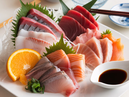 An exquisite assortment of fresh sushi featuring various types of fish and vibrant garnishes.の素材