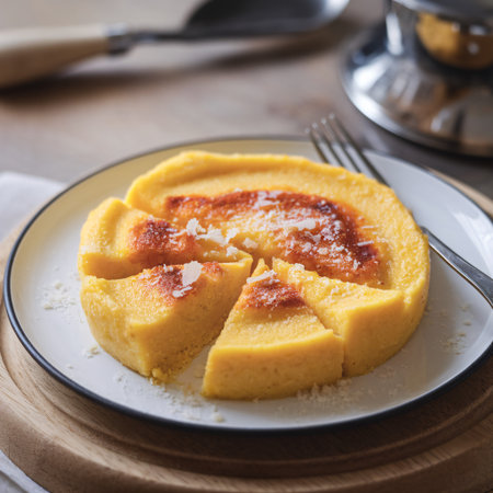 Delicious golden cornbread dessert sliced on a plate, ready to be enjoyed.の素材