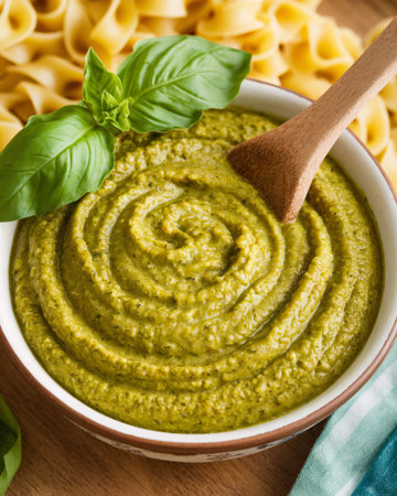 Delicious homemade basil pesto sauce garnished with fresh basil leaves, served with pasta.の素材