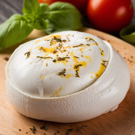 Fresh mozzarella cheese drizzled with olive oil and herbs on a wooden cutting board.の素材
