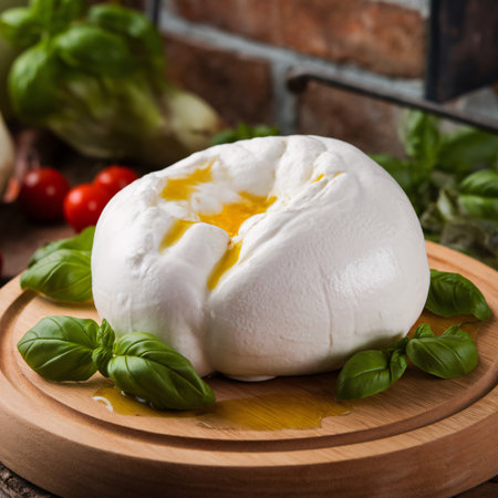 Creamy fresh burrata cheese with basil on a wooden platter, showcasing rich textures and vibrant colors.の素材