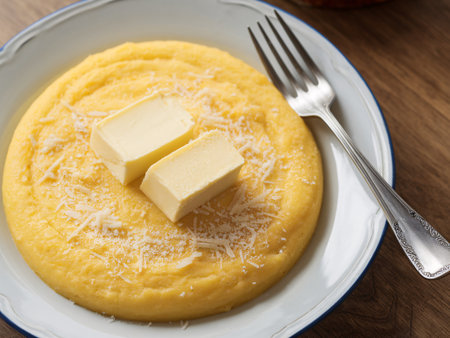 A creamy plate of polenta topped with butter and grated cheese, perfect for a comforting meal.の素材