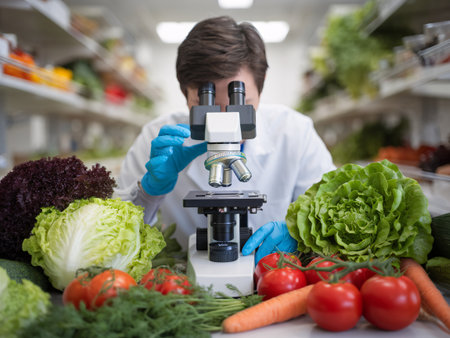 Young Caucasian male researcher examines vegetables through a microscope in a laboratory.の素材