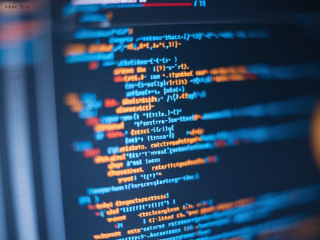 Close-up of multicolored programming code on a computer screen with a dark background.の素材