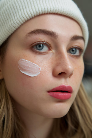 Young Caucasian female with cream on her cheek, showcasing natural beauty and skincare rituals.の素材