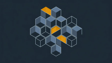 Abstract geometric art featuring interconnected cubes in shades of blue and orange on a dark background.の素材
