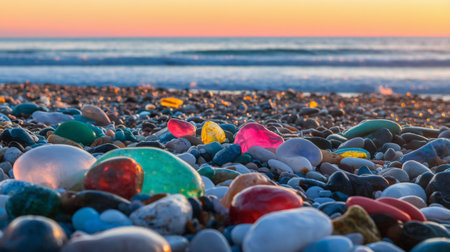 Colorful sea glass glistening on a sandy beach at sunset, creating a vibrant coastal scene.の素材