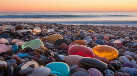 Colorful stones scattered on a beach at sunset, creating a serene and vibrant coastal scene.の素材