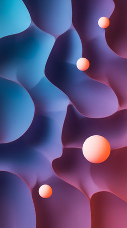 Fluid abstract background with soft curves and colorful spheres in blue and pink hues.の素材
