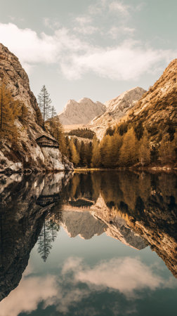 Scenic mountain landscape reflecting in tranquil lake under a blue sky with clouds.の素材
