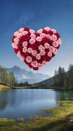 A heart-shaped arrangement of red and pink roses floats above a serene lake and majestic mountains.の素材