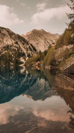 Scenic mountain lake reflecting serene clouds and peaks, surrounded by lush greenery.の素材