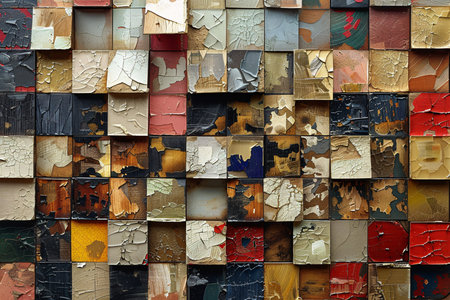 A textured arrangement of colorful, chipped paint squares creating an artistic mosaic of history.の素材