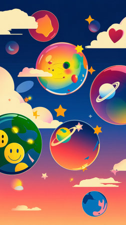 Colorful fantasy artwork depicting vibrant planets and whimsical clouds in a dreamy sky.の素材