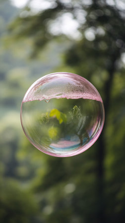 A delicate soap bubble reflecting green foliage, suspended in the air against a blurred natural background.の素材