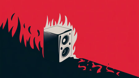 Stylized speaker surrounded by flames on a bold red background, conveying intense energy.の素材