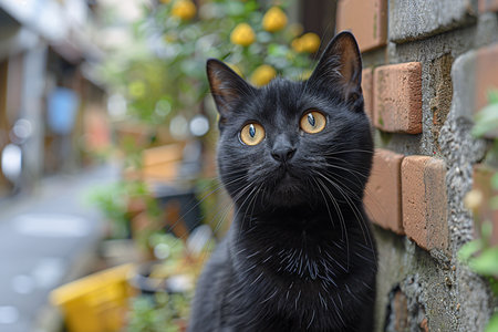 A curious black cat with striking golden eyes, perched beside a brick wall adorned with greenery.の素材