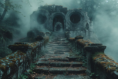 Mysterious stone ruins with fog, featuring lush greenery and weathered steps leading to an ancient archway.の素材