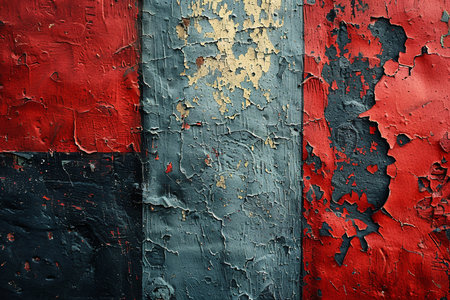 Textured abstract wall with peeling red and blue paint, showcasing layers of weathered color.の素材