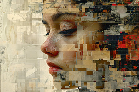 Profile of a young woman overlaid with an abstract collage of textures and colors.の素材