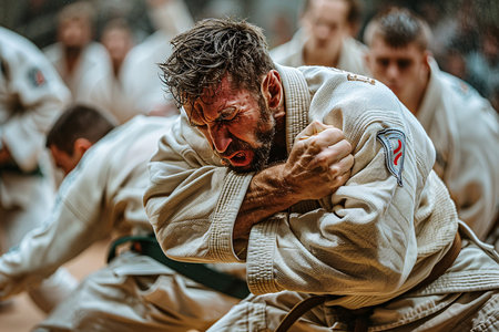 Intense male martial artist showcases strength and determination during training.の素材