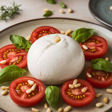 Fresh burrata cheese served with ripe tomatoes, basil, and pine nuts, creating a delicious summer dish.の素材