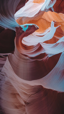 Stunning views of Antelope Canyon with swirling orange and blue rock formations creating a serene atmosphere.の素材