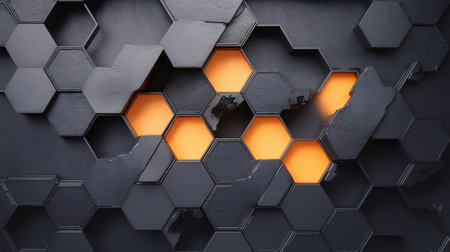 Artistic wall design featuring black hexagonal tiles with glowing orange highlights, creating a modern aesthetic.の素材