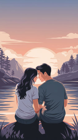 A young couple enjoying a romantic sunset by the water, immersed in each otherの素材