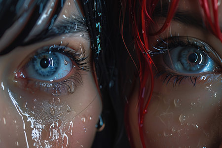 Close-up of two eyes with distinct colors, shimmering with water droplets and vibrant hair colors.の素材