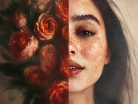 A young woman with freckles and dark hair next to a blurred bouquet of roses, evoking warmth and beauty.の素材