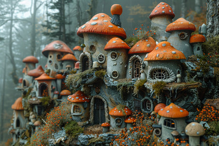 Colorful whimsical mushroom houses nestled in a mystical forest under a soft fog.の素材