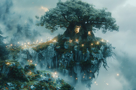 Enchanted tree on a misty cliff, illuminated by soft glows amidst a magical forest atmosphere.の素材