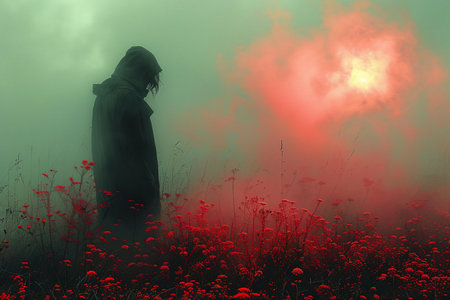 A mysterious figure in a hooded coat stands among red flowers in a foggy, surreal landscape.の素材