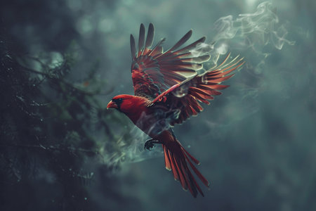 A vibrant red cardinal in mid-flight, surrounded by a misty, enchanting forest atmosphere.の素材
