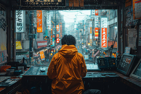 A person in a yellow raincoat gazes out at a rainy street filled with colorful signage.の素材