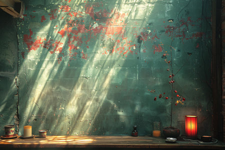 A serene indoor scene with sunlight casting shadows on a textured wall, showcasing tranquility.の素材