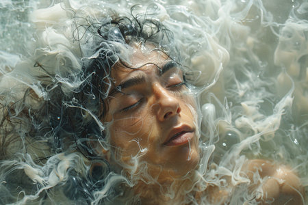 A serene young woman of Middle-Eastern descent floats peacefully in water surrounded by ethereal jellyfish.の素材