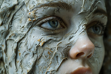 Close-up of a female model with a textured, cracked face resembling natural elements and earth tones.の素材