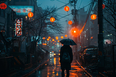 A person walking with an umbrella in a dimly lit street adorned with glowing lanterns on a rainy night.の素材