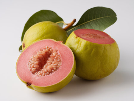 Fresh guava fruits, one sliced to reveal pink flesh, surrounded by vibrant green leaves.の素材
